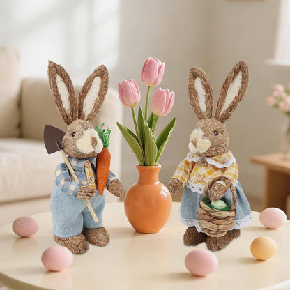 Dr.dudu Set of 2 Easter Decorations 13" Bunny Figurines Tabletop Spring Decor, Rustic Straw Bunny Couple with Carrot, Sisal Rabbit Statues Ornaments for Table Home Office Kitchen Farmhouse