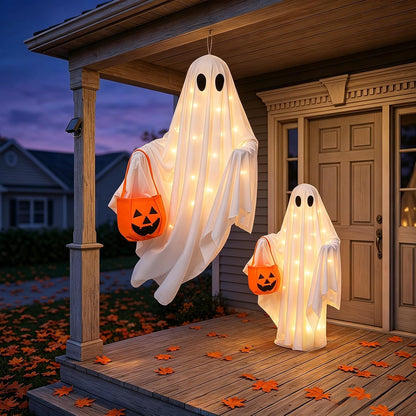 Solar Ghost Halloween Lights 2Pack Hanging Stake Yard Decor | Solar Glowing Ghost Decor, Rainproof, Dual Mount. Perfect Lawn Porch Decor for Halloween Fans
