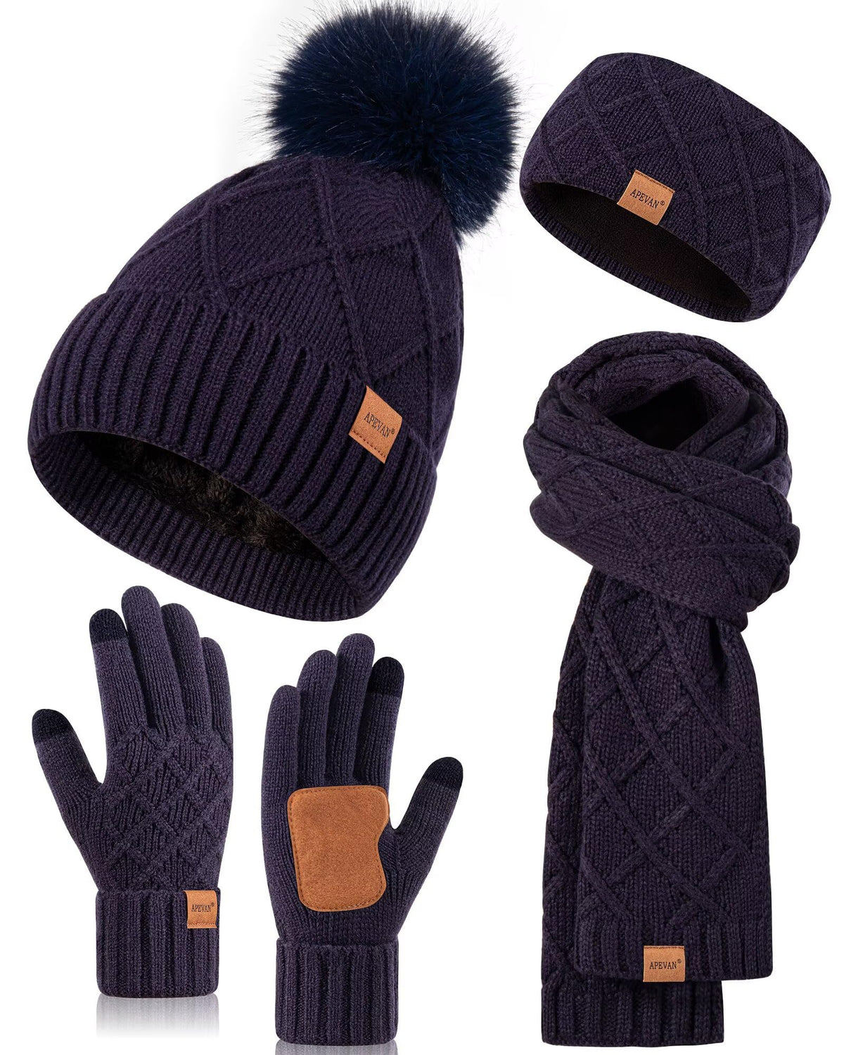 Womens Winter Hat Gloves Scarf Headband Set, Pom Pom Beanie Long Scarf Touchscreen Gloves Ear Warmer, 4 in 1 Warm Gift Set