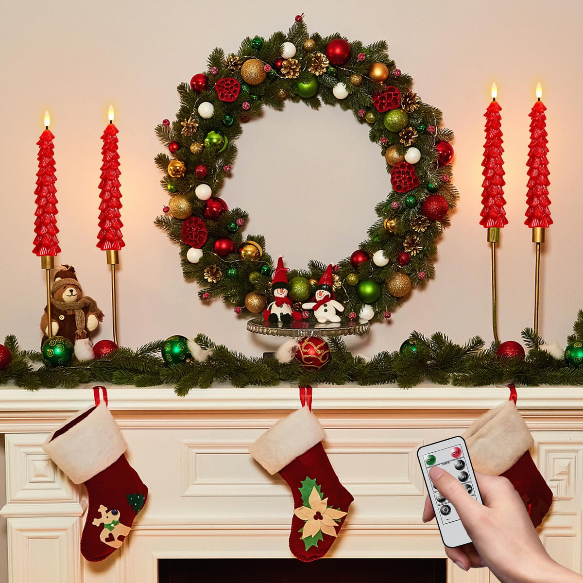 Green Christmas Tree Flameless Taper Candles Battery Operated Remote Timer