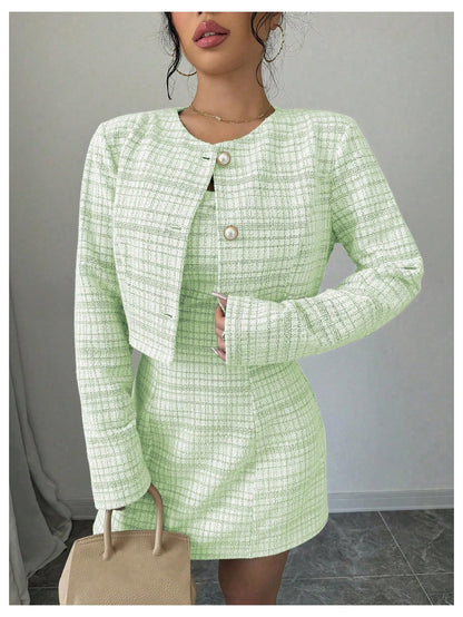 SOLY HUX Women's 2 Piece Plaid Long Sleeve Button Cropped Jacket Dress Set