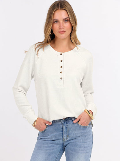 ANRABESS Women's Waffle Knit Henley Top Long Sleeve Shirts