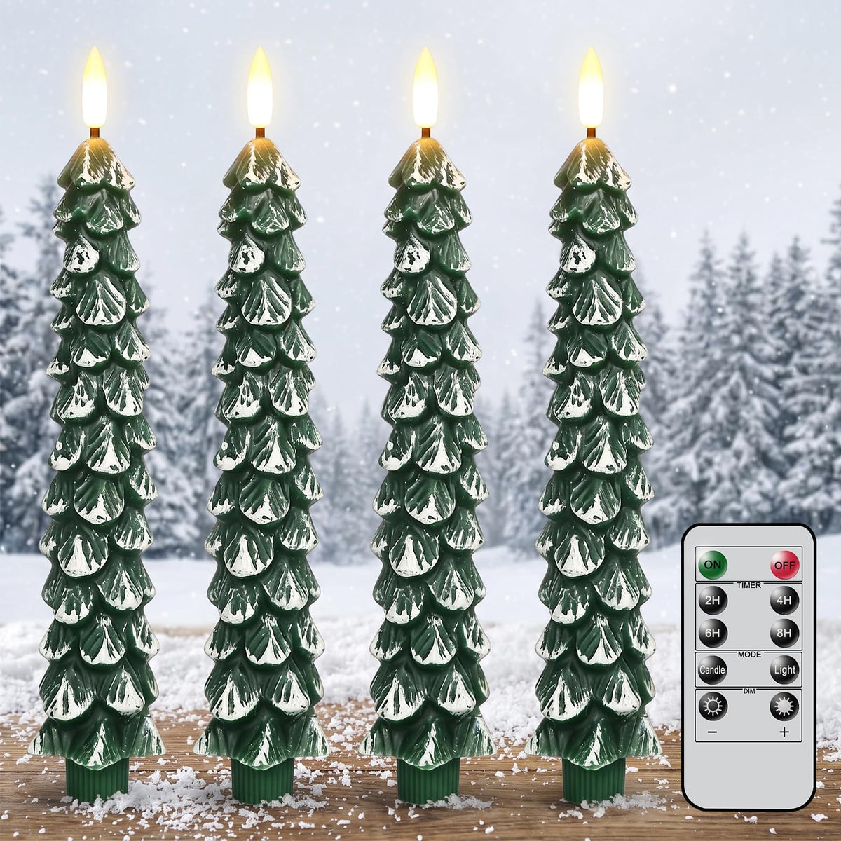 Green Christmas Tree Flameless Taper Candles Battery Operated Remote Timer