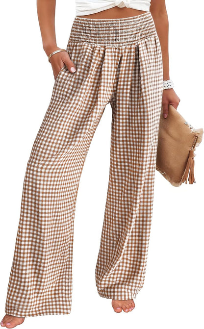 ANRABESS Womens Striped Gingham Wide Leg Palazzo Pants with Pockets