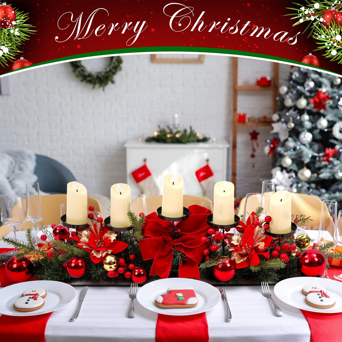 Funnymoom Christmas Tabletop Centerpiece 30 Inch Christmas Poinsettia Candle Holder with 5 Candle Artificial Table Decorations with Red Berries Gold Plants(red Ball)