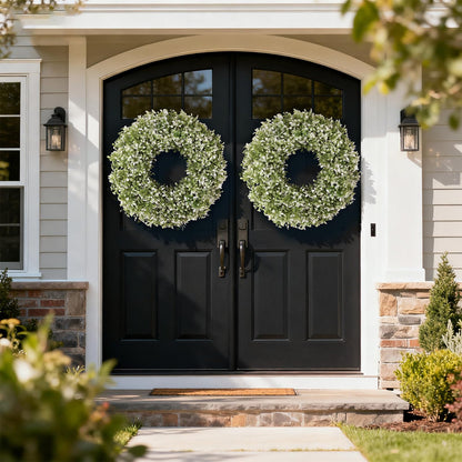 32" Large Artificial Boxwood Wreath for Front Door (White-Green) | Waterproof & Fade Resistant