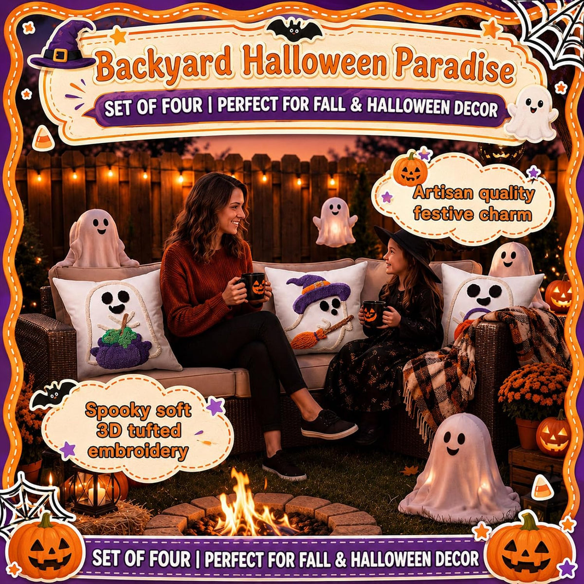 Irenare 4 Pcs 18 X 18 Inch Halloween Throw Pillow Covers Cute Ghost Witch Crochet Pillowcase Boo Embroidered Cushion Gift for Halloween Farmhouse Couch Sofa Home Decor