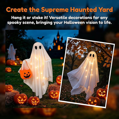 Solar Ghost Halloween Lights 2Pack Hanging Stake Yard Decor | Solar Glowing Ghost Decor, Rainproof, Dual Mount. Perfect Lawn Porch Decor for Halloween Fans