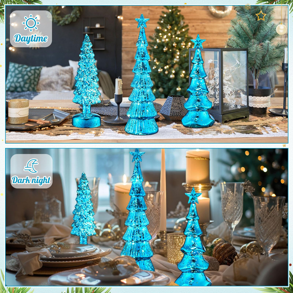 Funnymoom 3 Pack Glass Christmas Trees Decor Lighted Christmas Tree Tabletop Glitter Centerpiece Decoration Glass Xmas Tree Figurines Holiday Ornament for Table Mantle Fireplace(gold,classic)