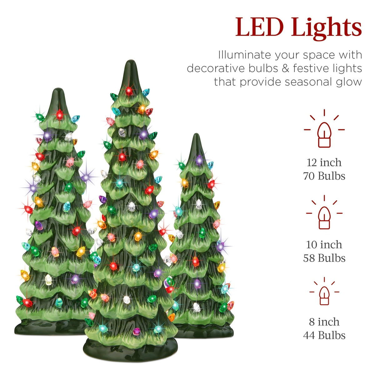 Best Choice Products Set of 3 Ceramic Christmas Trees, Pre-Lit Hand-Painted Tabletop Holiday Decoration W/Multicolor Bulbs, LED Lights – Green