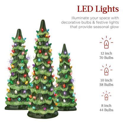 Best Choice Products Set of 3 Ceramic Christmas Trees, Pre-Lit Hand-Painted Tabletop Holiday Decoration W/Multicolor Bulbs, LED Lights – Green