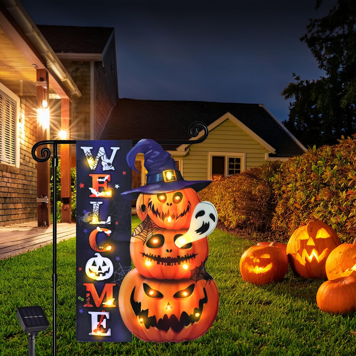 Halloween Lighted Garden Flag for Outside, LED Solar Yard Flag 8 Modes Witch Feet Shape Flag, 28x40 Double Sided Cauldron Eyeball Black Cat Decorations for Home Porch