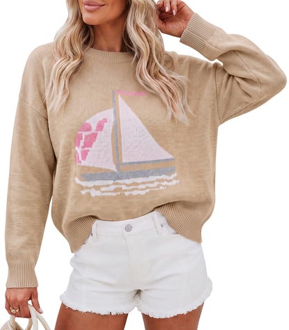 Cicy Bell Womens Graphic Sweaters Lightweight Knit Crewneck Pullover