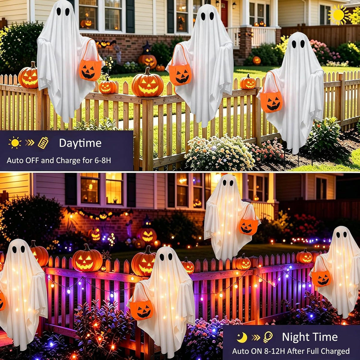 Solar Ghost Halloween Lights 2Pack Hanging Stake Yard Decor | Solar Glowing Ghost Decor, Rainproof, Dual Mount. Perfect Lawn Porch Decor for Halloween Fans