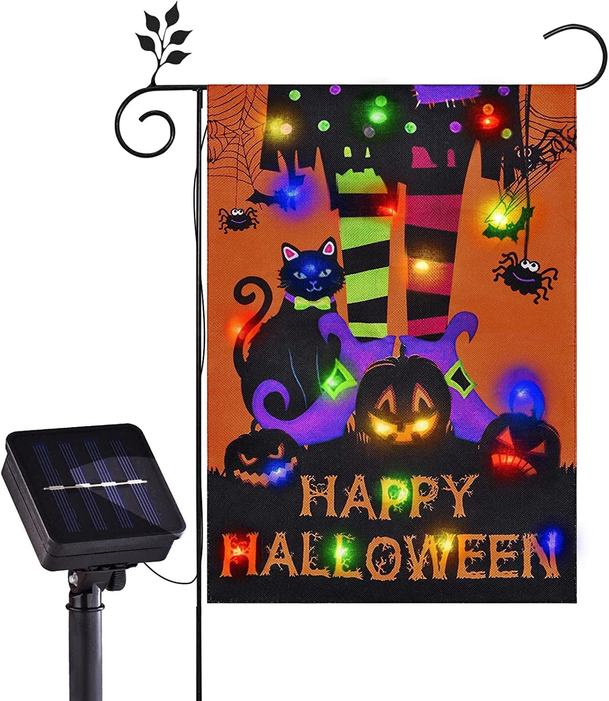 Halloween Lighted Garden Flag for Outside, LED Solar Yard Flag 8 Modes Witch Feet Shape Flag, 28x40 Double Sided Cauldron Eyeball Black Cat Decorations for Home Porch