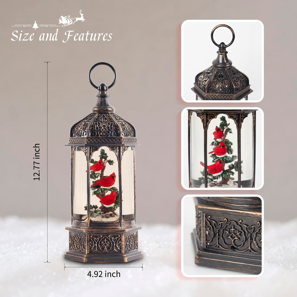 12.8" Christmas Snow Globe Lantern Christmas Decorations Indoor with Swirling Glitter Three Cardinals in the Tree, Lighted Musical Snow Globes for Home Decoration USB Powered or Battery Operated
