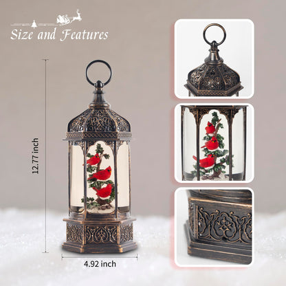 12.8" Christmas Snow Globe Lantern Christmas Decorations Indoor with Swirling Glitter Three Cardinals in the Tree, Lighted Musical Snow Globes for Home Decoration USB Powered or Battery Operated