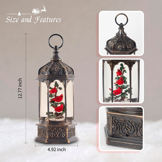 12.8" Christmas Snow Globe Lantern Christmas Decorations Indoor with Swirling Glitter Three Cardinals in the Tree, Lighted Musical Snow Globes for Home Decoration USB Powered or Battery Operated