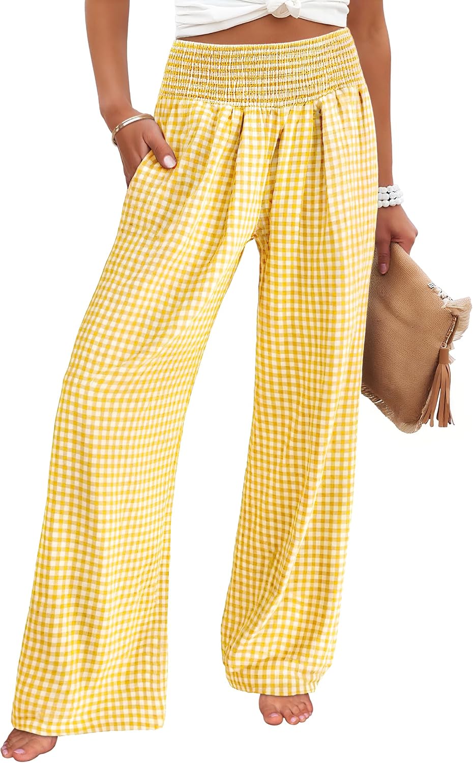 ANRABESS Womens Striped Gingham Wide Leg Palazzo Pants with Pockets