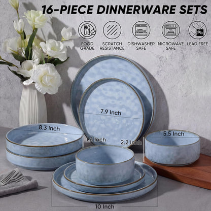 E-far Stoneware Dinnerware Set, 16-Piece Plates and Bowls Sets for 4