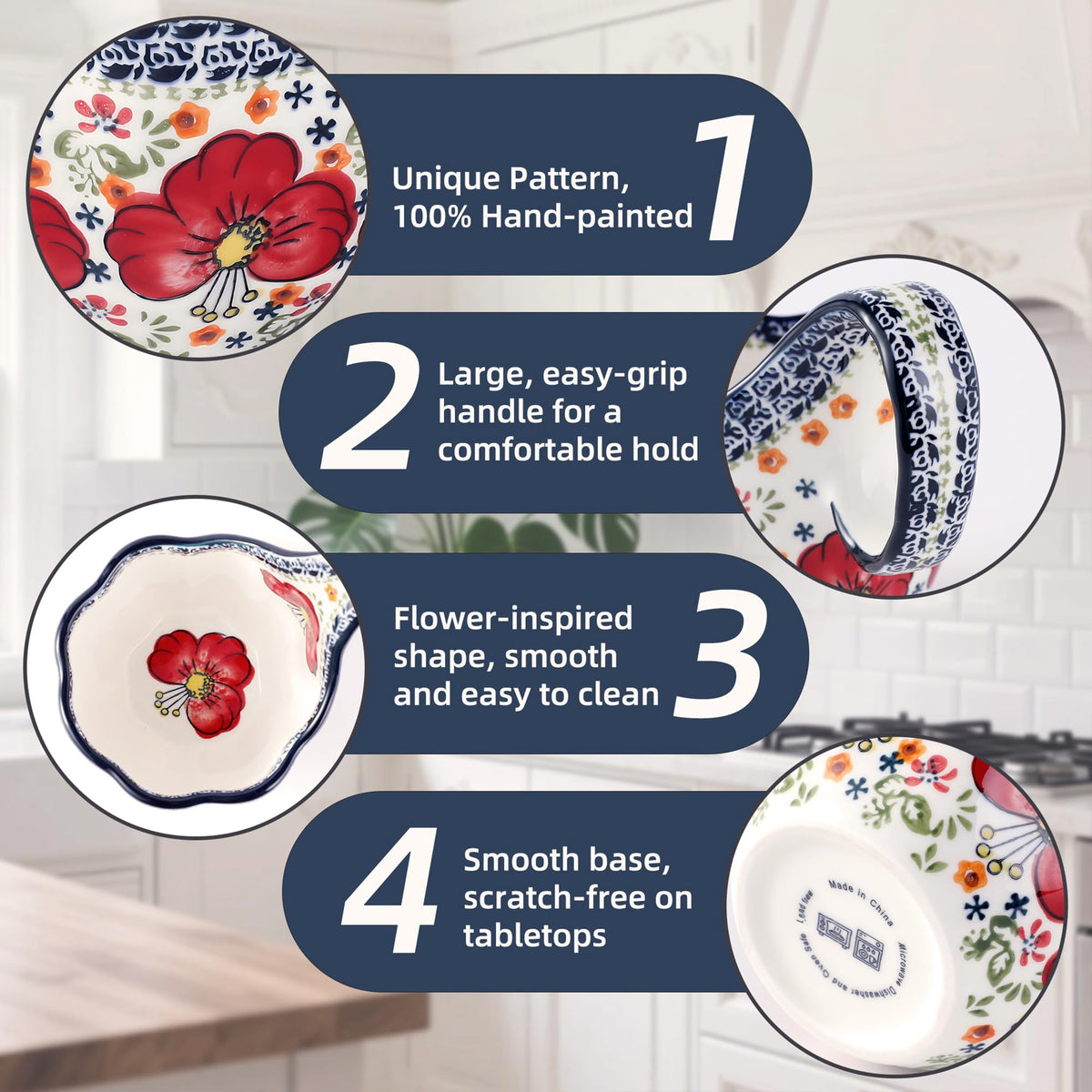 Alma Handpainted Microwavable Soup Bowl with Loop Handle 18.6Oz, Cereal Bowl with Handle