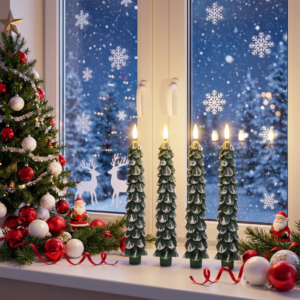 Green Christmas Tree Flameless Taper Candles Battery Operated Remote Timer