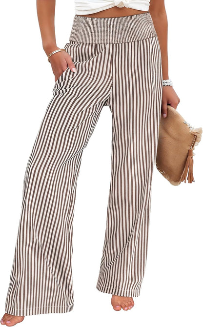 ANRABESS Womens Striped Gingham Wide Leg Palazzo Pants with Pockets