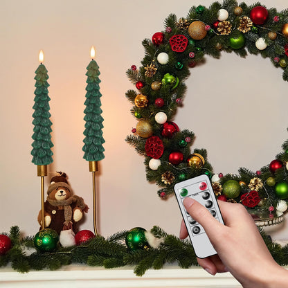Green Christmas Tree Flameless Taper Candles Battery Operated Remote Timer