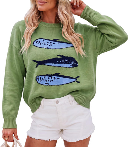 Cicy Bell Womens Graphic Sweaters Lightweight Knit Crewneck Pullover