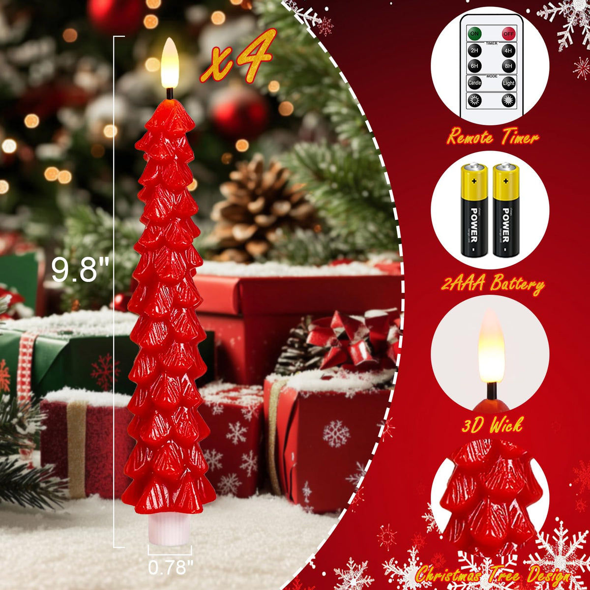 Green Christmas Tree Flameless Taper Candles Battery Operated Remote Timer