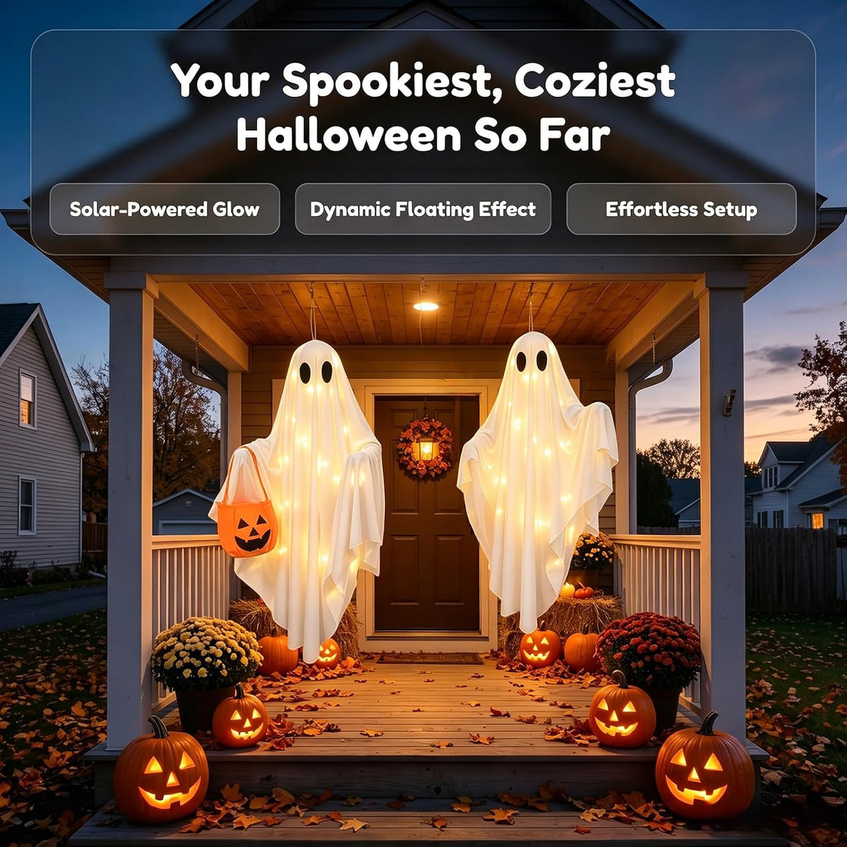 Solar Ghost Halloween Lights 2Pack Hanging Stake Yard Decor | Solar Glowing Ghost Decor, Rainproof, Dual Mount. Perfect Lawn Porch Decor for Halloween Fans
