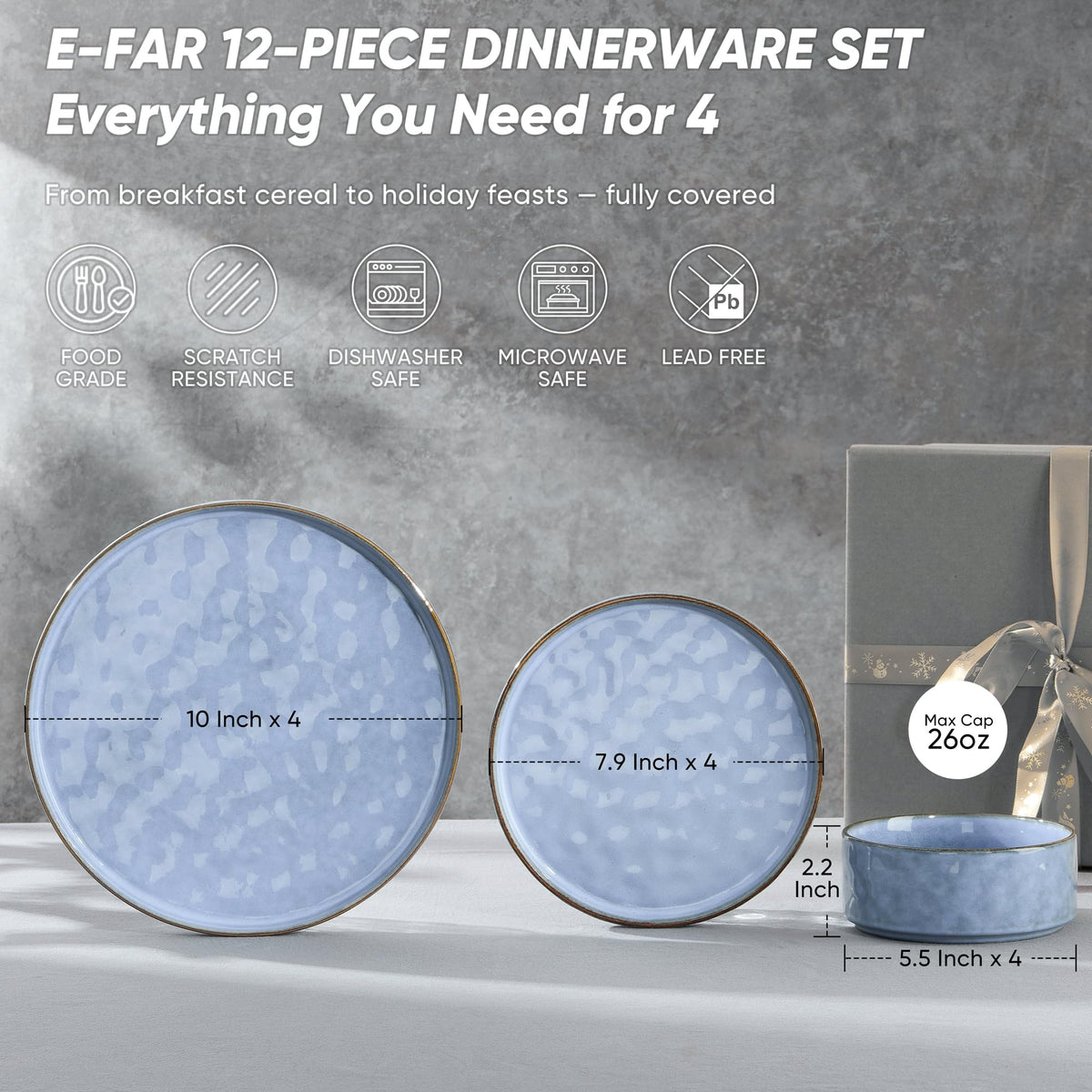 E-far Stoneware Dinnerware Set, 16-Piece Plates and Bowls Sets for 4