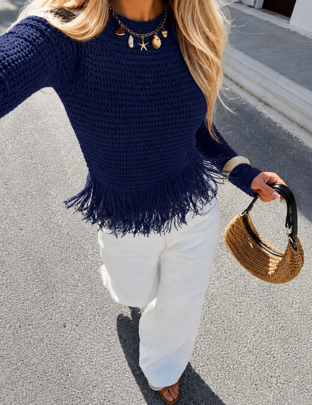 MEROKEETY Women's Fall Fashion Crochet Fringe Sweater Tops Boho Pullover