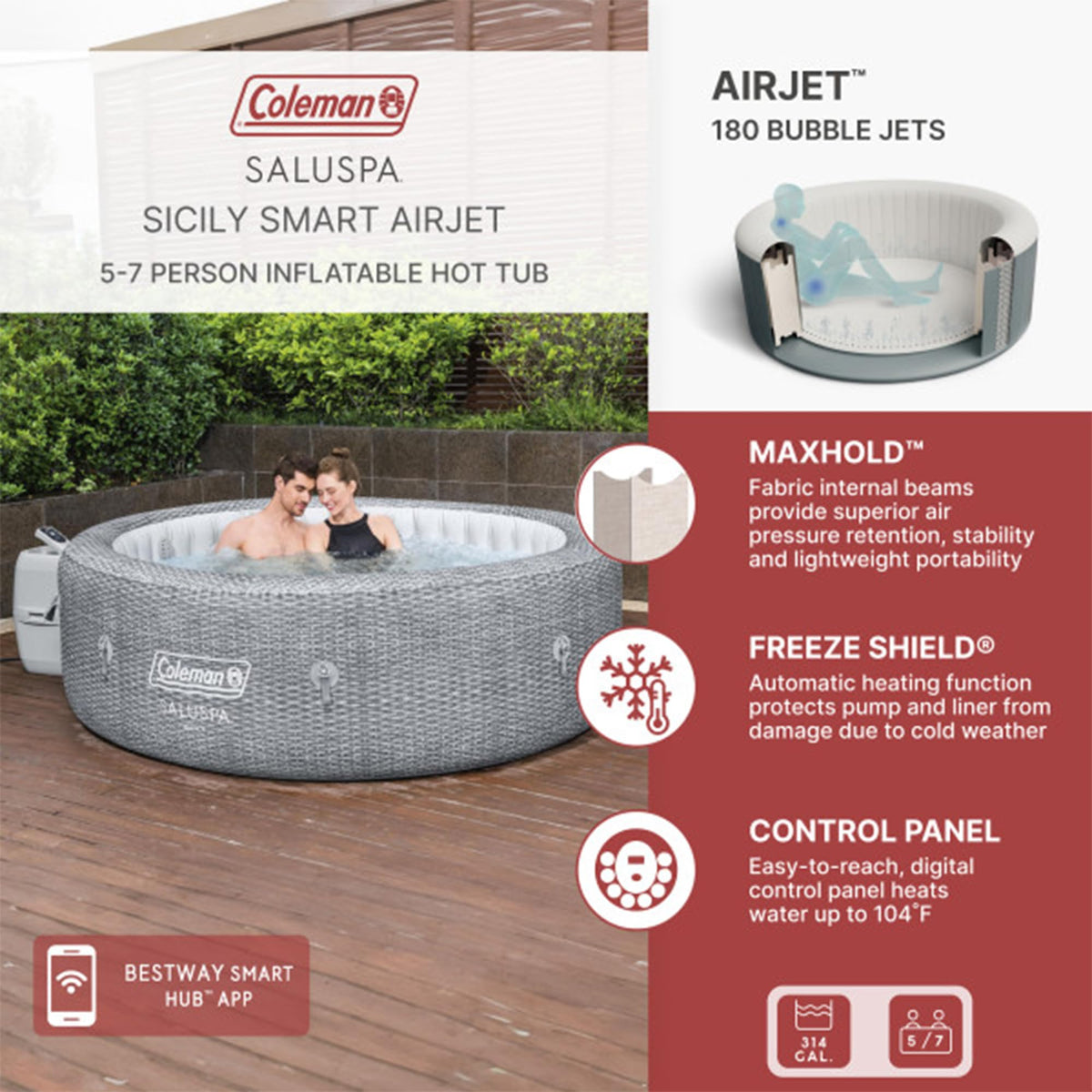 Coleman Sicily 5 to 7 Person Inflatable Hot Tub, Round Portable Outdoor Spa with 180 Airjets and Energysense Cover, Grey, 85" X 28"