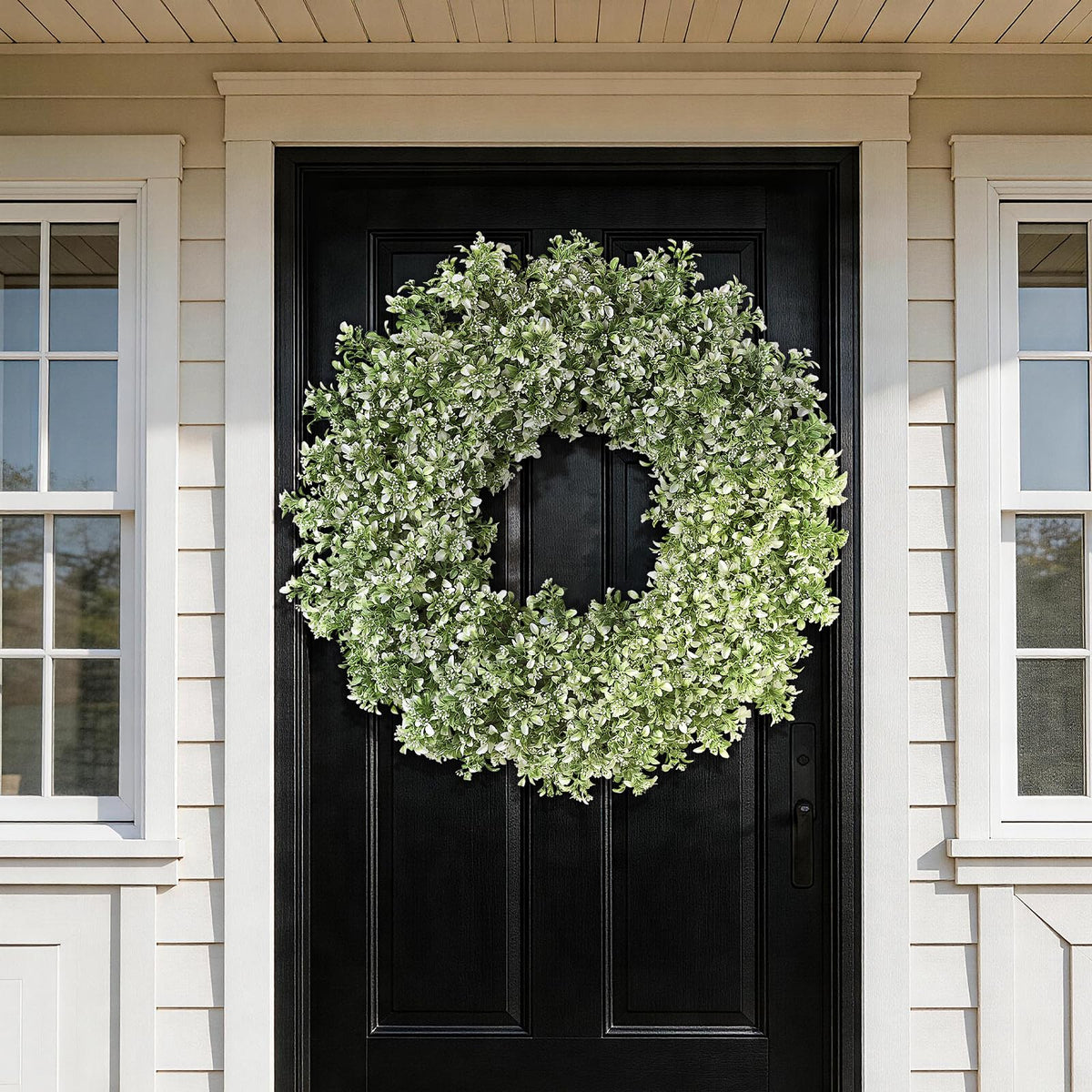 32" Large Artificial Boxwood Wreath for Front Door (White-Green) | Waterproof & Fade Resistant
