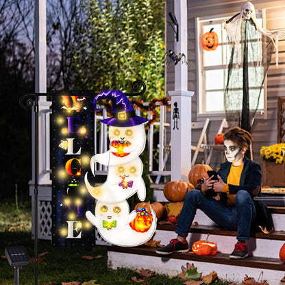 Halloween Lighted Garden Flag for Outside, LED Solar Yard Flag 8 Modes Witch Feet Shape Flag, 28x40 Double Sided Cauldron Eyeball Black Cat Decorations for Home Porch