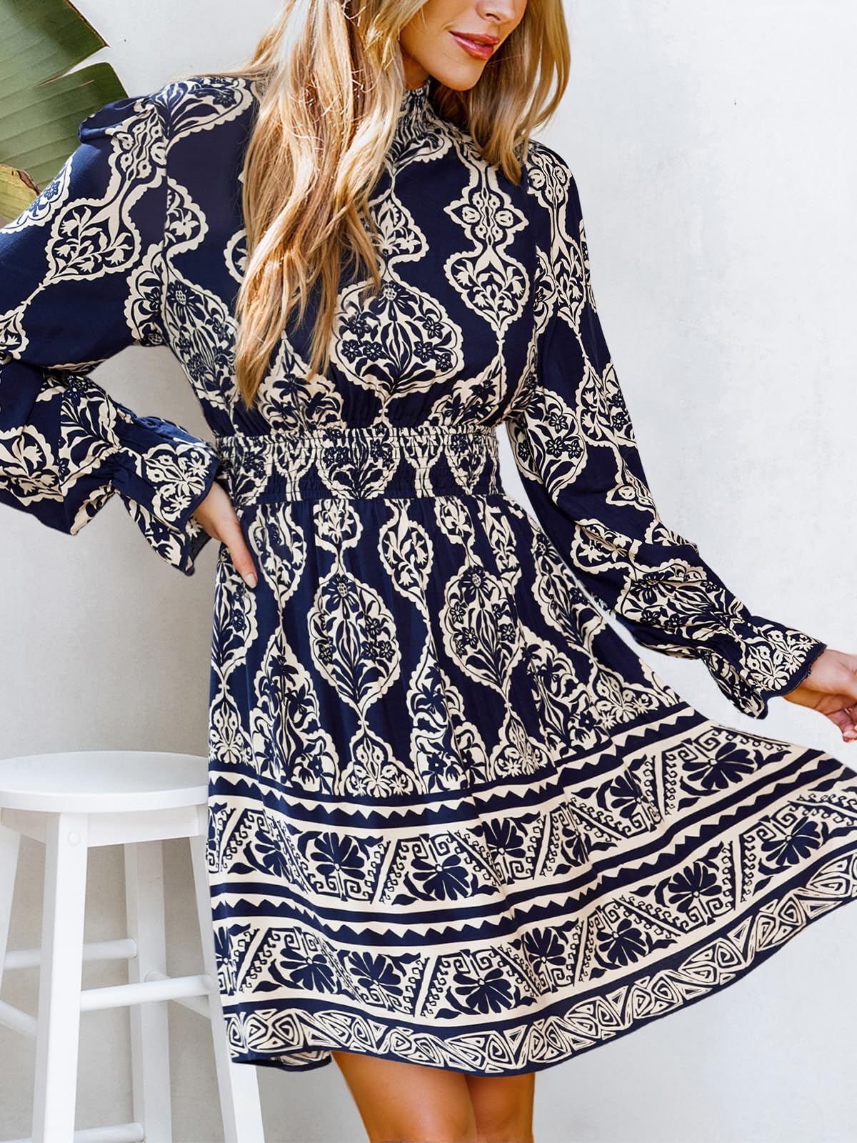 CUPSHE Women Mock Neck Floral Smocked Waist Mini Dress