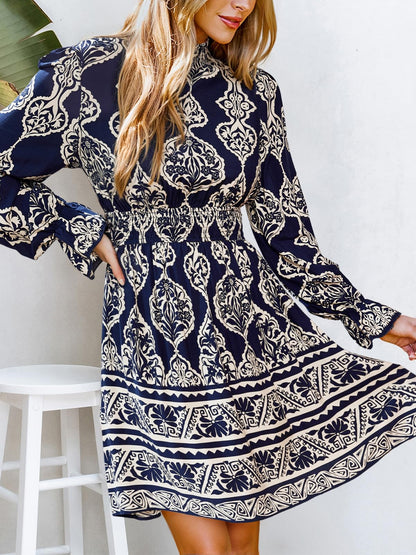 CUPSHE Women Mock Neck Floral Smocked Waist Mini Dress
