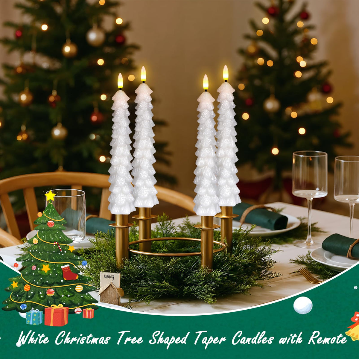 Green Christmas Tree Flameless Taper Candles Battery Operated Remote Timer