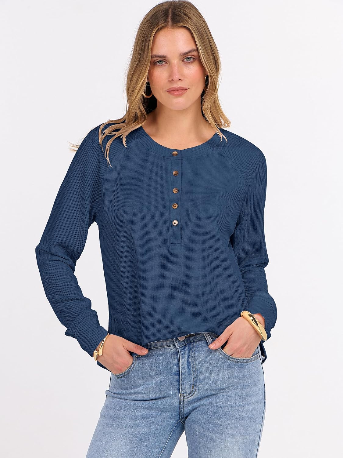 ANRABESS Women's Waffle Knit Henley Top Long Sleeve Shirts