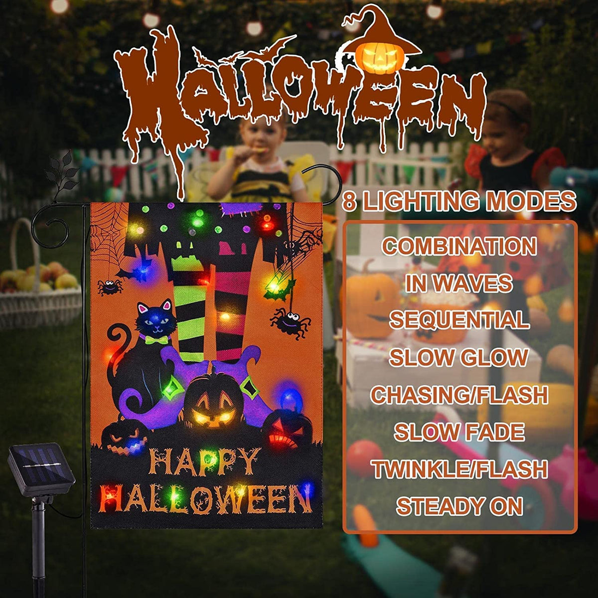Halloween Lighted Garden Flag for Outside, LED Solar Yard Flag 8 Modes Witch Feet Shape Flag, 28x40 Double Sided Cauldron Eyeball Black Cat Decorations for Home Porch