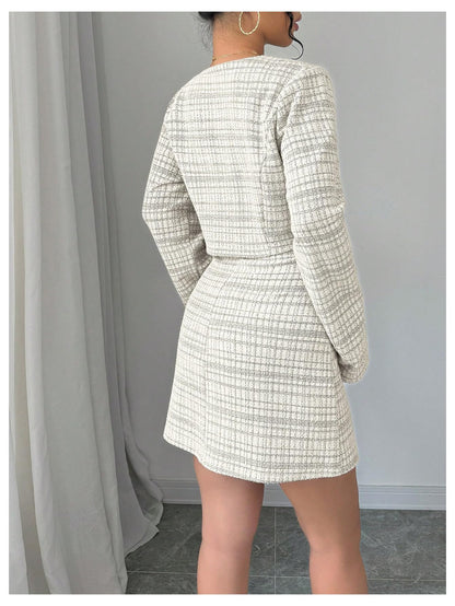 SOLY HUX Women's 2 Piece Plaid Long Sleeve Button Cropped Jacket Dress Set