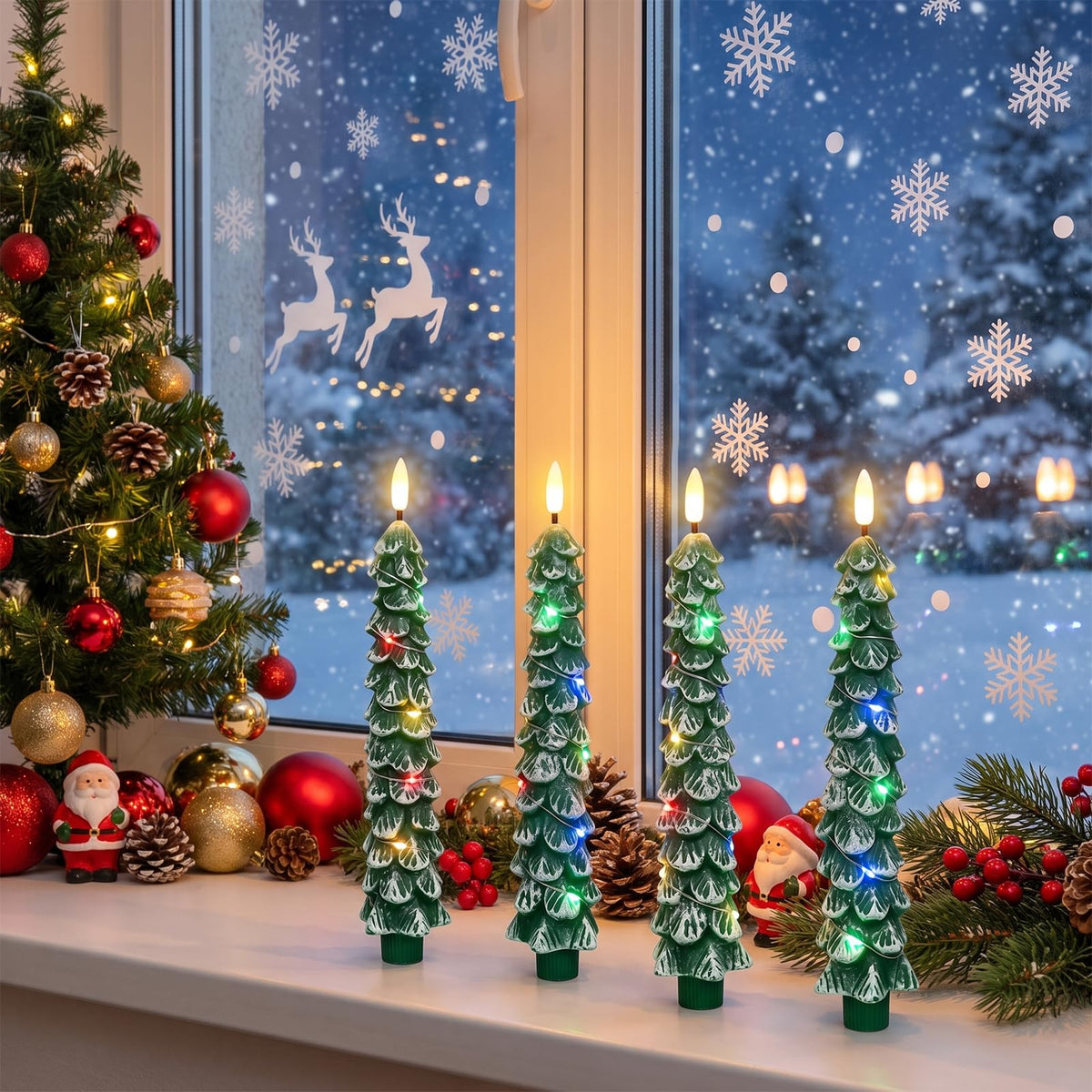 Green Christmas Tree Flameless Taper Candles Battery Operated Remote Timer