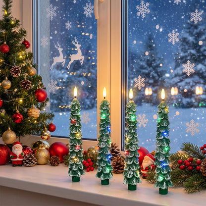 Green Christmas Tree Flameless Taper Candles Battery Operated Remote Timer
