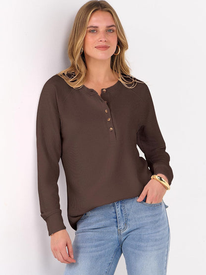 ANRABESS Women's Waffle Knit Henley Top Long Sleeve Shirts