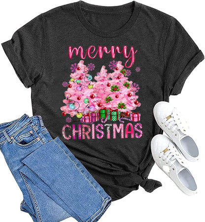 hcihgzr Christmas Shirts for Women Merry and Bright Christmas Shirt Xmas Tree Graphic Holiday T-Shirt Tops