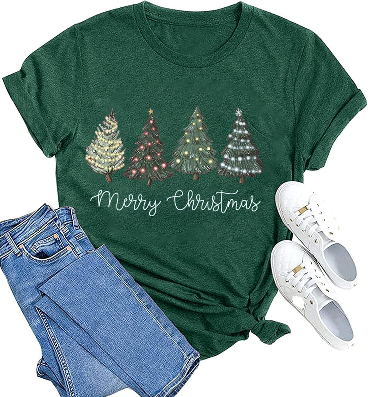 hcihgzr Christmas Shirts for Women Merry and Bright Christmas Shirt Xmas Tree Graphic Holiday T-Shirt Tops
