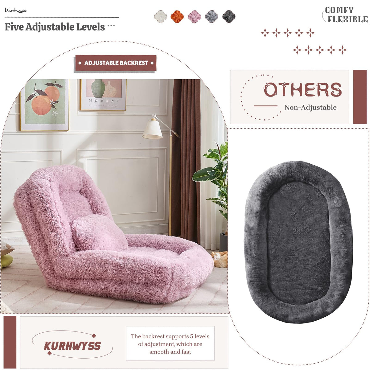 Upholstered Convertible Lounge Chair with 2 Soft Pillows