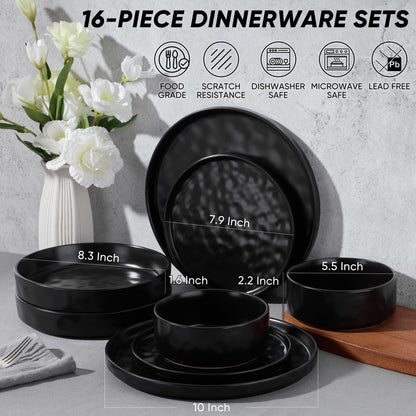 E-far Stoneware Dinnerware Set, 16-Piece Plates and Bowls Sets for 4