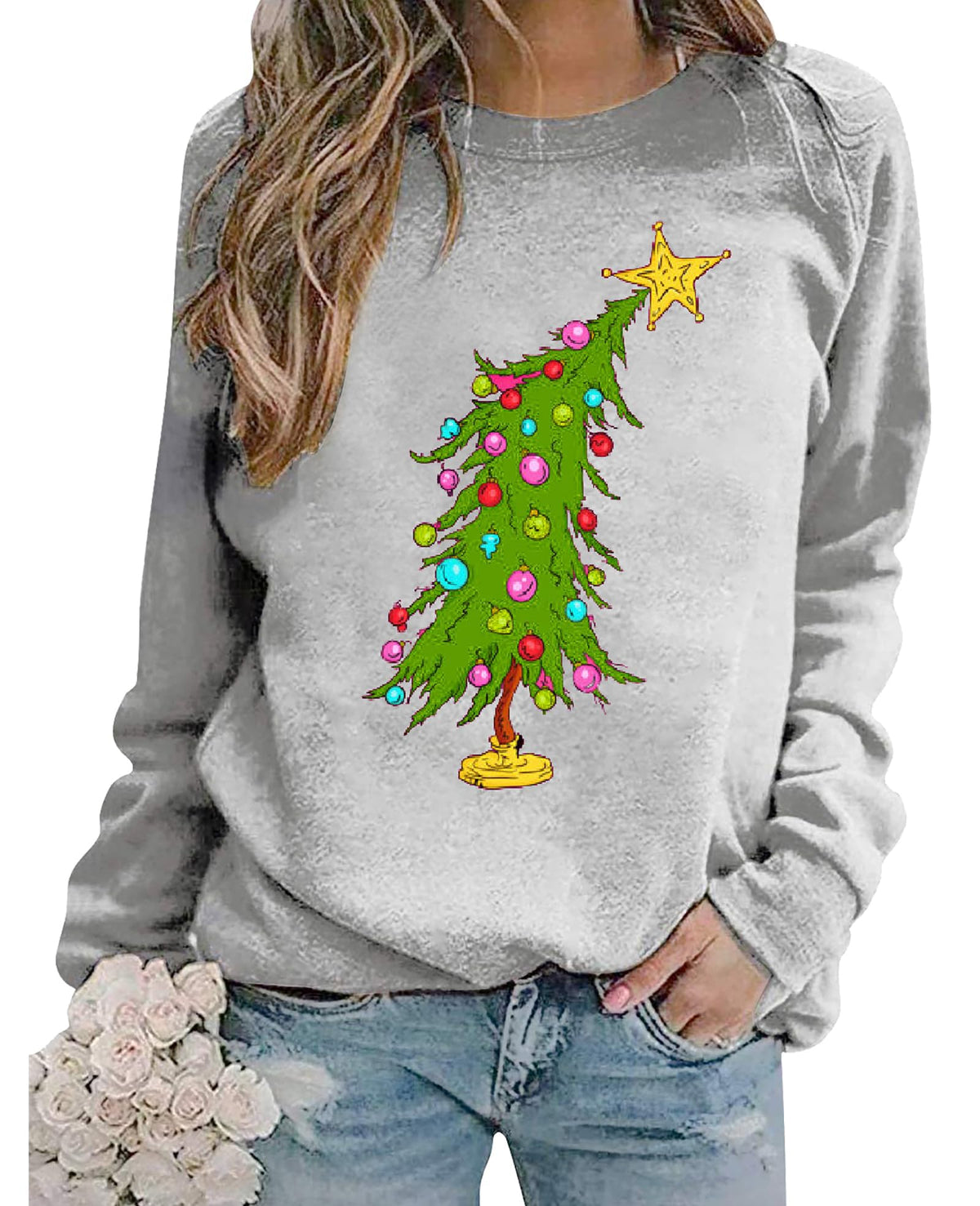Christmas Sweatshirts for Women Cute Christmas Tree Graphic Long Sleeve Shirt Xmas Holiday Party Pullover Blouse